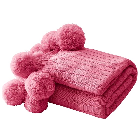 Vibrant Pink Pompom Fringe Chic Cozy Bedroom/Dorm Soft Throw Blanket/Cover - Picture 5 of 12